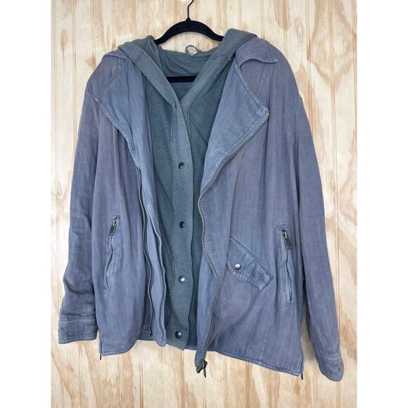 Free People Grunge Gray Double Layer 2-Fer Jacket Coat Snap Zip Pockets Size XS - Picture 4 of 11